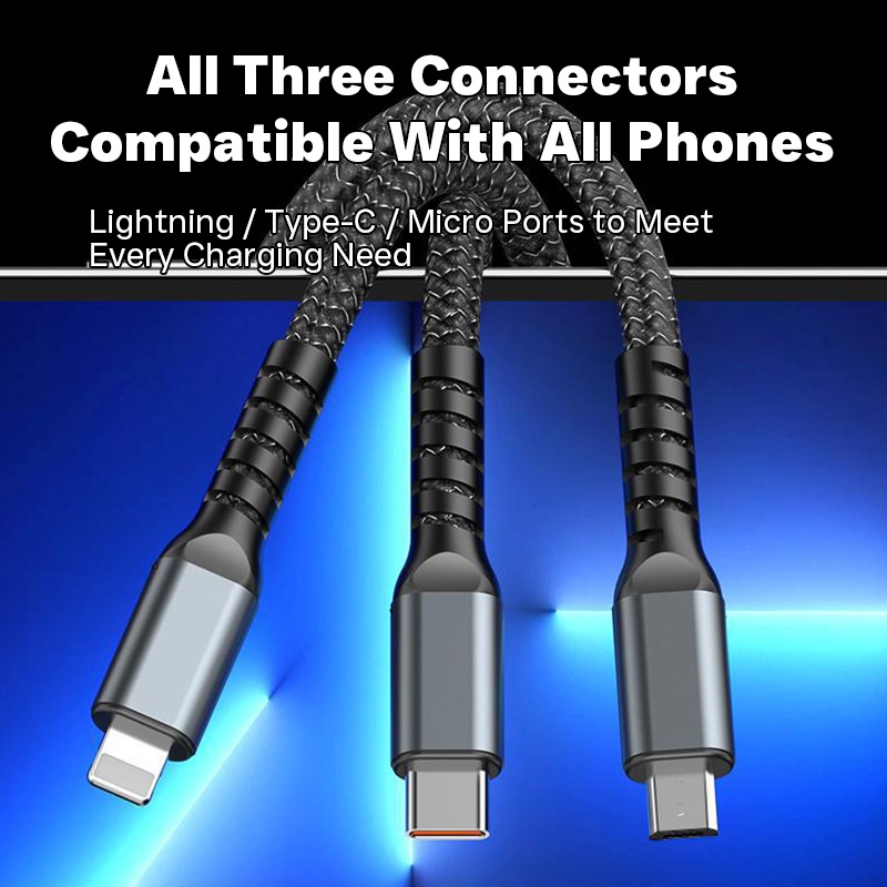100w 3 In 1 Charging Cable 1.2m Pd Fast Cable Lightning Type C Micro Usb Transparent Chip Led Light Nylon Braided Triple Port Fast Charger Cord Wq16831769 Widq.com