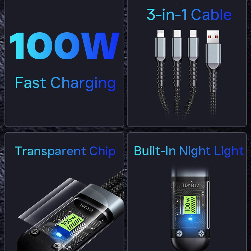 100w 3 In 1 Charging Cable 1.2m Pd Fast Cable Lightning Type C Micro Usb Transparent Chip Led Light Nylon Braided Triple Port Fast Charger Cord Wq16831769 Widq.com