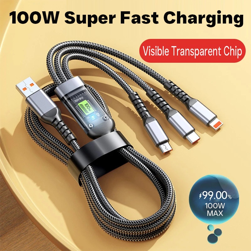 100w 3 In 1 Charging Cable 1.2m Pd Fast Cable Lightning Type C Micro Usb Transparent Chip Led Light Nylon Braided Triple Port Fast Charger Cord Wq16831769 Widq.com