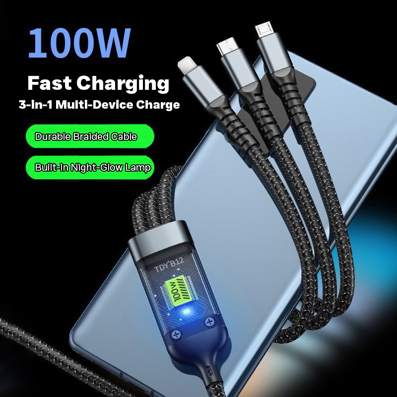 100w 3 In 1 Charging Cable 1.2m Pd Fast Cable Lightning Type C Micro Usb Transparent Chip Led Light Nylon Braided Triple Port Fast Charger Cord Wq16831769 Widq.com