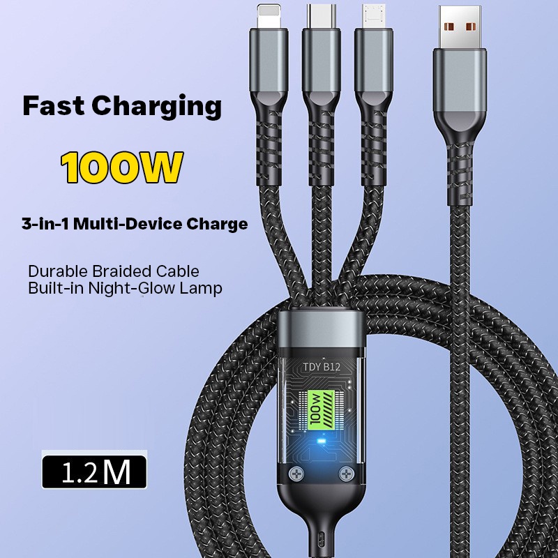 100w 3 In 1 Charging Cable 1.2m Pd Fast Cable Lightning Type C Micro Usb Transparent Chip Led Light Nylon Braided Triple Port Fast Charger Cord Wq16831769 Widq.com