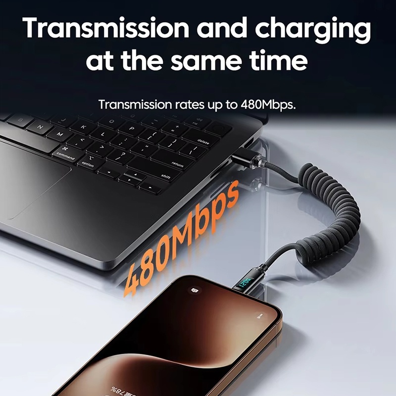 120w Coiled Type C Cable With Led Power Display 480mbps Data Transfer 1m 2m Stretch Coil Heavy Duty Nylon Braided Copper Core Spring Usb C Cord Wq16831774 Widq.com