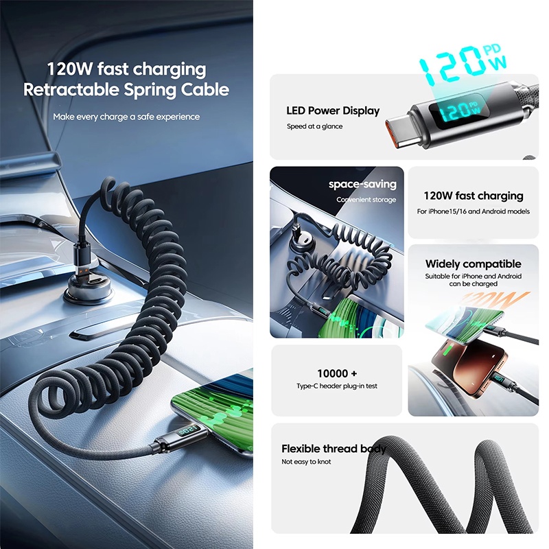 120w Coiled Type C Cable With Led Power Display 480mbps Data Transfer 1m 2m Stretch Coil Heavy Duty Nylon Braided Copper Core Spring Usb C Cord Wq16831774 Widq.com