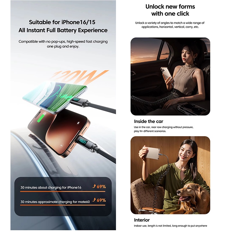 120w Coiled Type C Cable With Led Power Display 480mbps Data Transfer 1m 2m Stretch Coil Heavy Duty Nylon Braided Copper Core Spring Usb C Cord Wq16831774 Widq.com