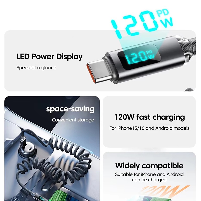 120w Coiled Type C Cable With Led Power Display 480mbps Data Transfer 1m 2m Stretch Coil Heavy Duty Nylon Braided Copper Core Spring Usb C Cord Wq16831774 Widq.com