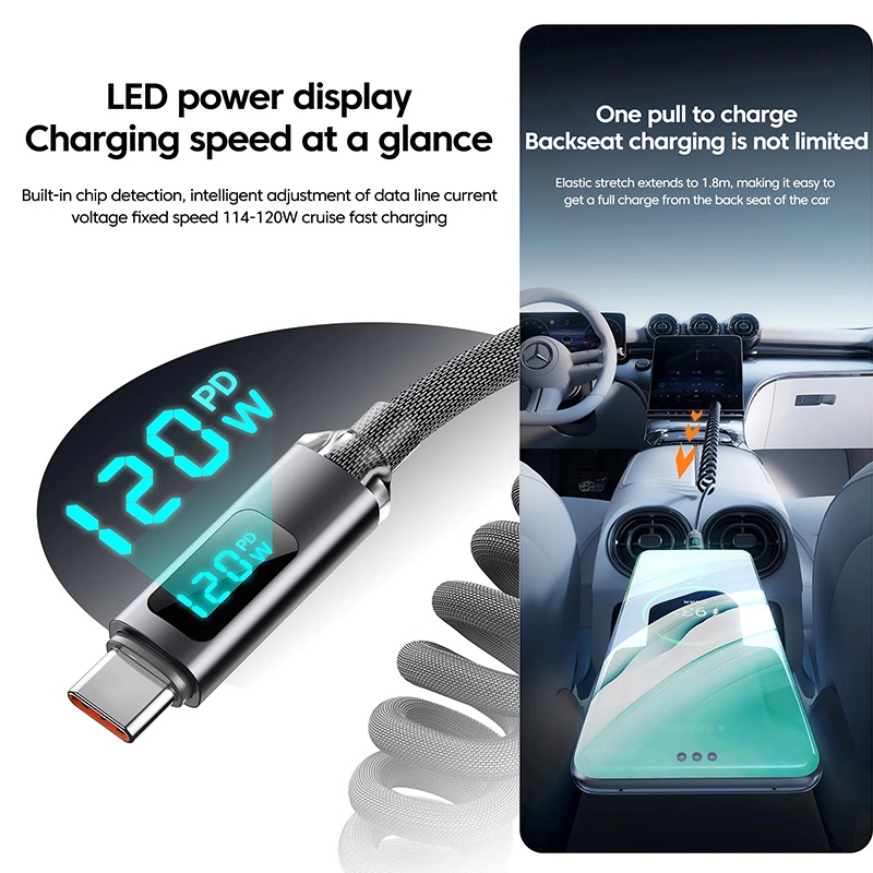 120w Coiled Type C Cable With Led Power Display 480mbps Data Transfer 1m 2m Stretch Coil Heavy Duty Nylon Braided Copper Core Spring Usb C Cord Wq16831774 Widq.com