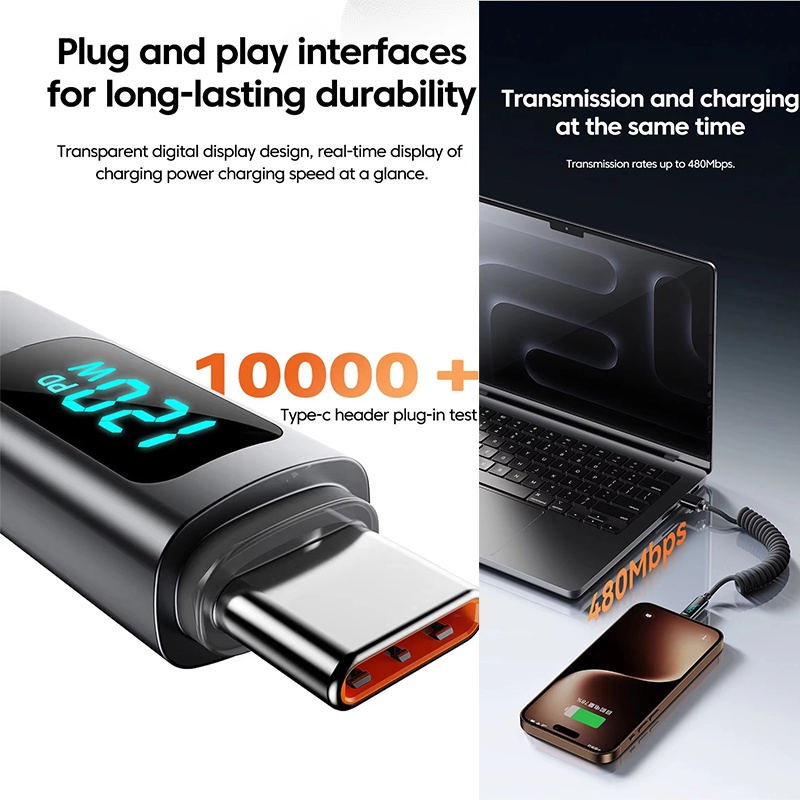 120w Coiled Type C Cable With Led Power Display 480mbps Data Transfer 1m 2m Stretch Coil Heavy Duty Nylon Braided Copper Core Spring Usb C Cord Wq16831774 Widq.com