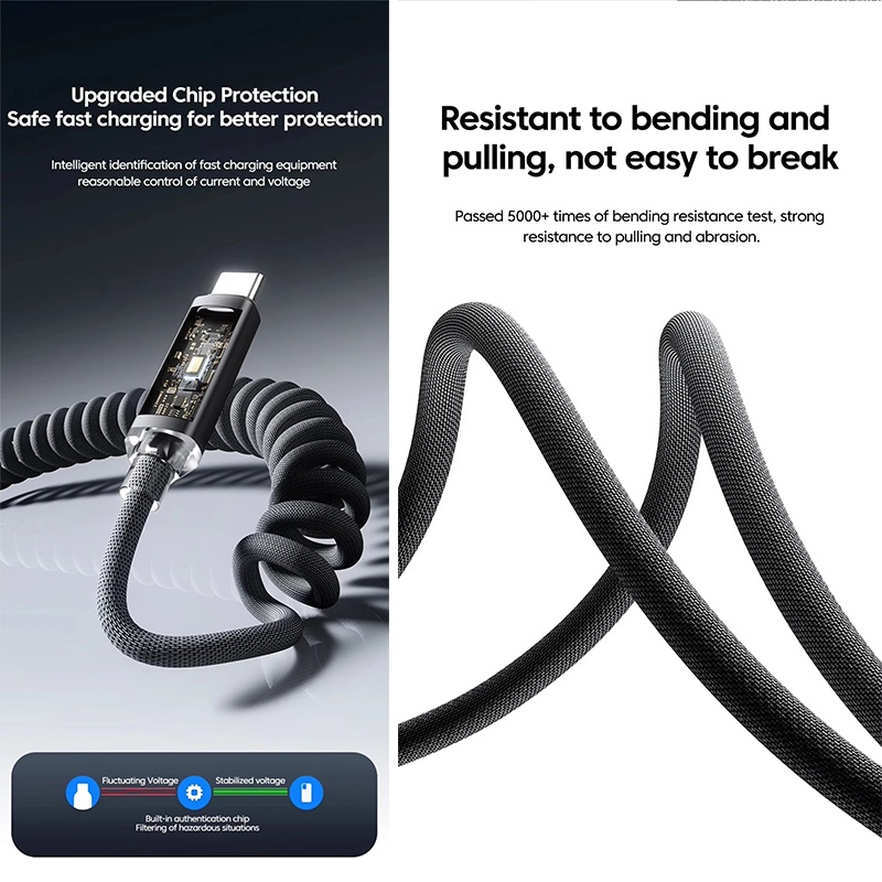 120w Coiled Type C Cable With Led Power Display 480mbps Data Transfer 1m 2m Stretch Coil Heavy Duty Nylon Braided Copper Core Spring Usb C Cord Wq16831774 Widq.com