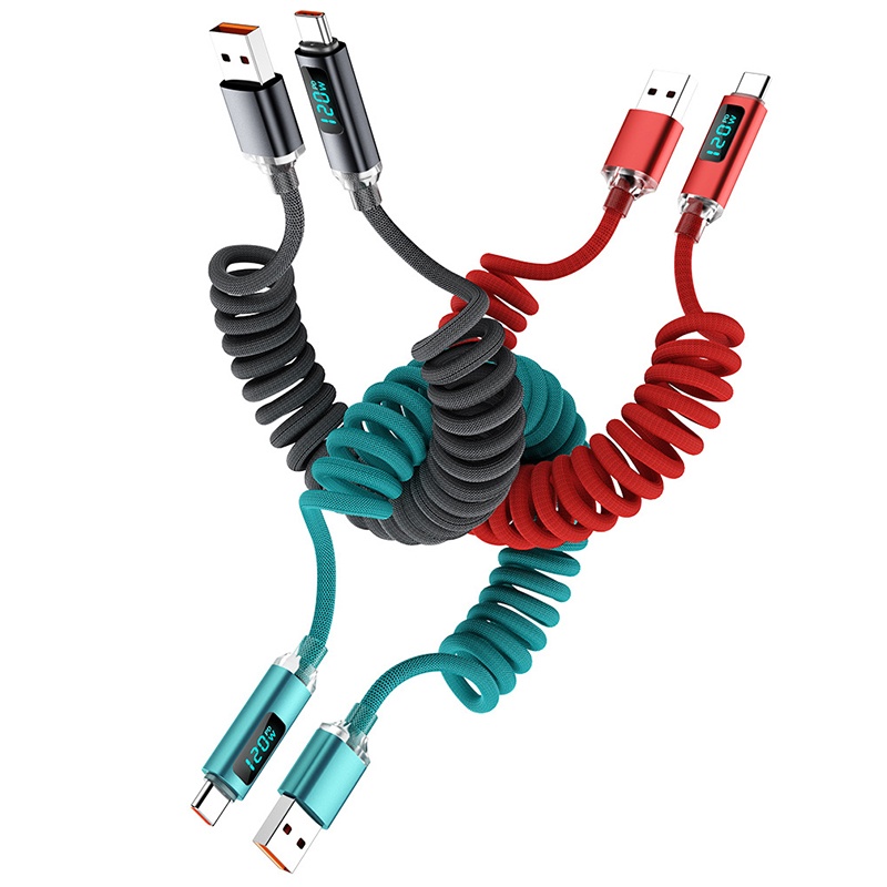 120w Coiled Type C Cable With Led Power Display 480mbps Data Transfer 1m 2m Stretch Coil Heavy Duty Nylon Braided Copper Core Spring Usb C Cord Wq16831774 Widq.com