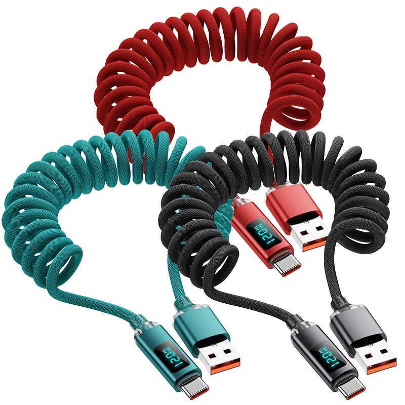 120w Coiled Type C Cable With Led Power Display 480mbps Data Transfer 1m 2m Stretch Coil Heavy Duty Nylon Braided Copper Core Spring Usb C Cord Wq16831774 Widq.com