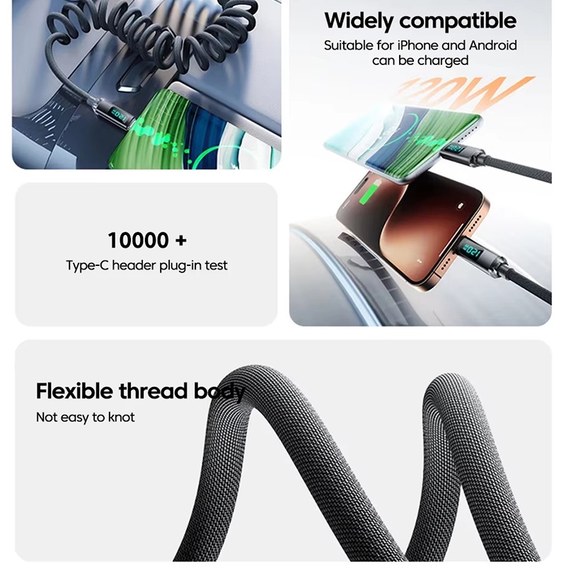 120w Coiled Type C Cable With Led Power Display 480mbps Data Transfer 1m 2m Stretch Coil Heavy Duty Nylon Braided Copper Core Spring Usb C Cord Wq16831774 Widq.com