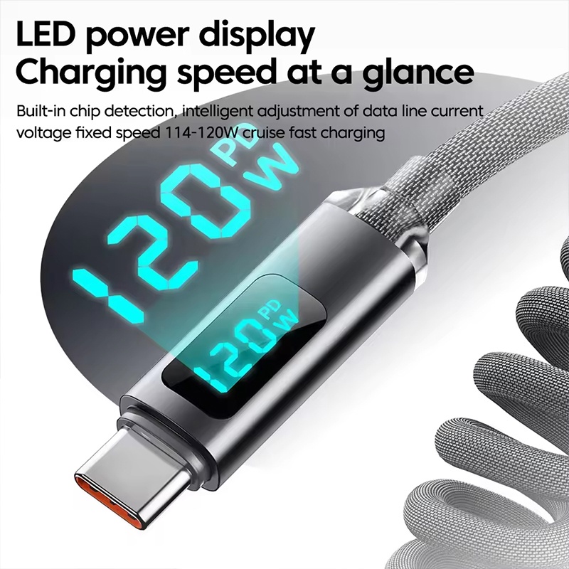 120w Coiled Type C Cable With Led Power Display 480mbps Data Transfer 1m 2m Stretch Coil Heavy Duty Nylon Braided Copper Core Spring Usb C Cord Wq16831774 Widq.com