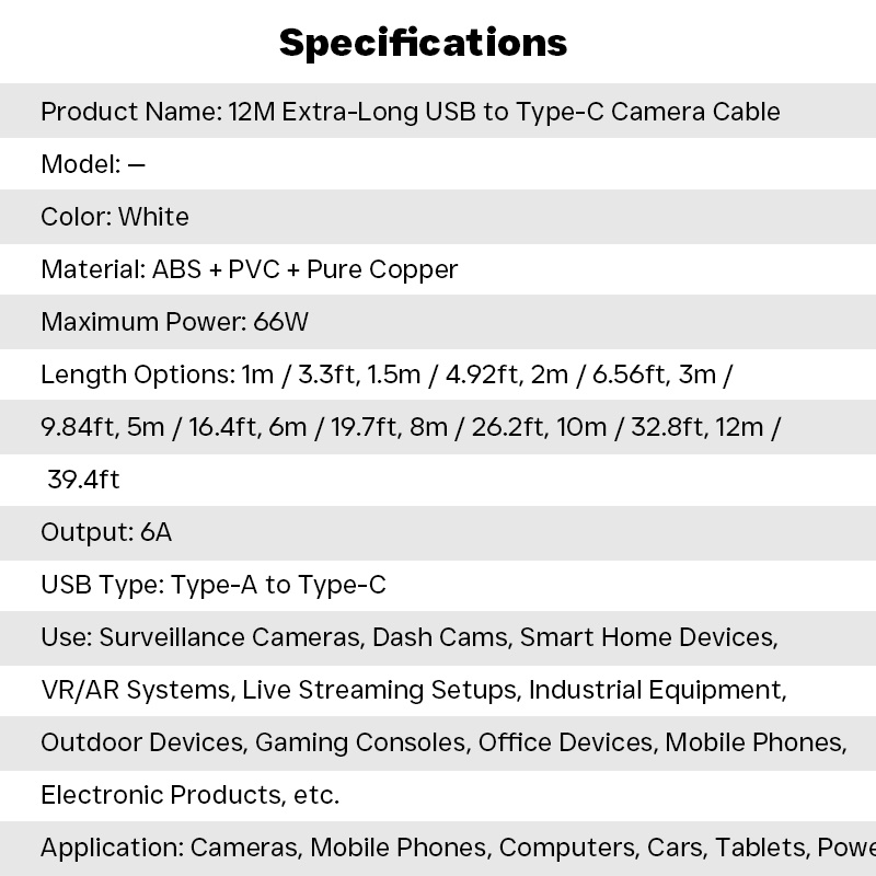12m Extra Long Usb To Type C Camera Cable 66w Fast Charging Bend Resistant Durable Abs+pvc Wide Device Compatibility Usb C Camera Cord Wq16831765 Widq.com