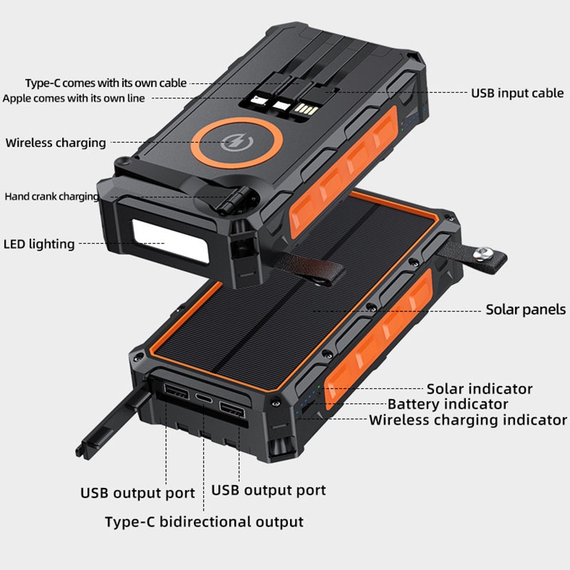20000mah Solar Power Bank Built In Cables Hand Crank 4 Panel Solar Wireless Charging Ipx7 Waterproof Flashlight Emergency Rugged Power Bank Wq16831793 Widq.com