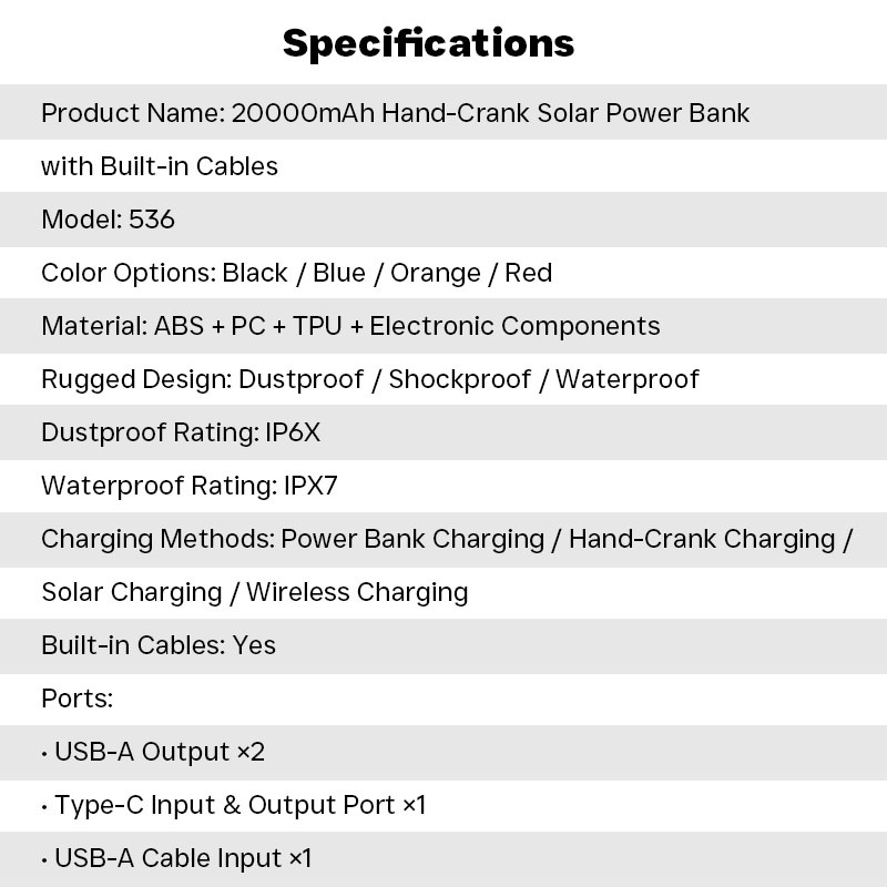 20000mah Solar Power Bank Built In Cables Hand Crank 4 Panel Solar Wireless Charging Ipx7 Waterproof Flashlight Emergency Rugged Power Bank Wq16831793 Widq.com