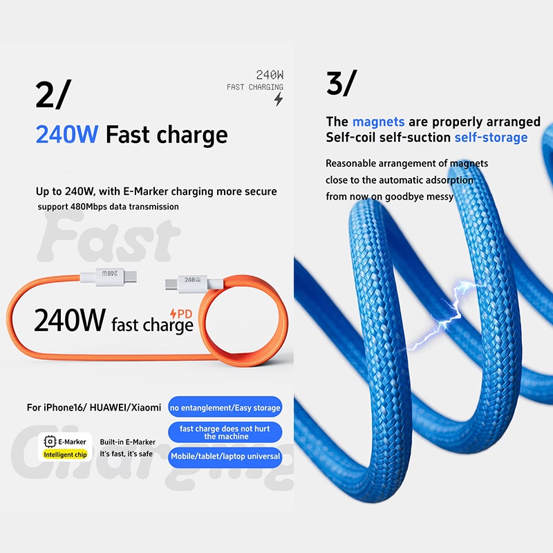 240w Type C Magnetic Charging Cable Pd Fast Charge 480mbps Data Transfer E Marker Chip Magnetic Self Coiling Nylon Braided Usb C Data Cord Wq16831775 Widq.com