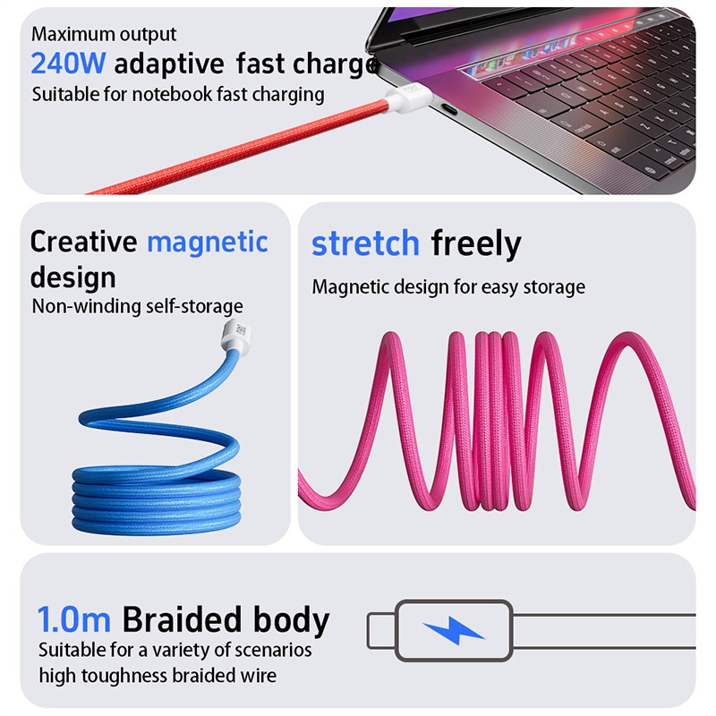 240w Type C Magnetic Charging Cable Pd Fast Charge 480mbps Data Transfer E Marker Chip Magnetic Self Coiling Nylon Braided Usb C Data Cord Wq16831775 Widq.com