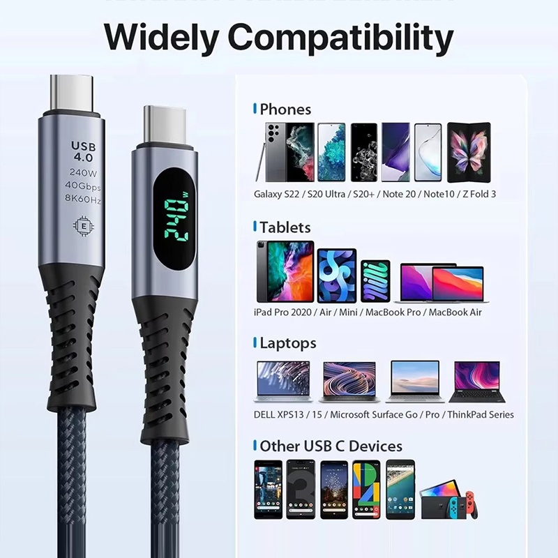 240w Type C Usb4 Cable With Led Digital Display 40gbps Transfer 8k60hz Video Pd4.0 Fast Charging E Marker Chip Thunderbolt 4 Usb C Charging Cable Wq16831772 Widq.com