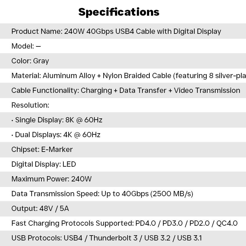 240w Type C Usb4 Cable With Led Digital Display 40gbps Transfer 8k60hz Video Pd4.0 Fast Charging E Marker Chip Thunderbolt 4 Usb C Charging Cable Wq16831772 Widq.com