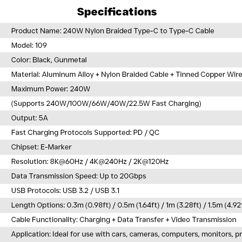 240w Type C To Type C Cable 20gbps High Speed Data 8k60hz Output Pd Qc Fast Charging E Marker Chip Multi Length Nylon Braided Usb C Fast Charger Cord Wq16831770 Widq.com