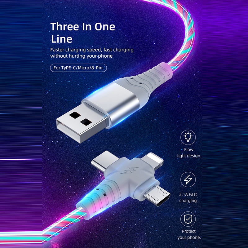 3 In 1 Rgb Led Flowing Charging Cable 12w 2.1a Fast Charging Lightning Type C Micro Usb 480mbps Transfer Data 4 Colors 1m 2m Dynamic Led Cable Wq16831771 Widq.com