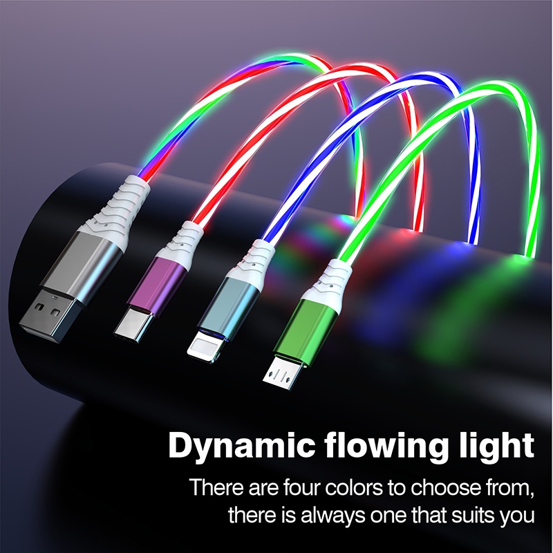 3 In 1 Rgb Led Flowing Charging Cable 12w 2.1a Fast Charging Lightning Type C Micro Usb 480mbps Transfer Data 4 Colors 1m 2m Dynamic Led Cable Wq16831771 Widq.com