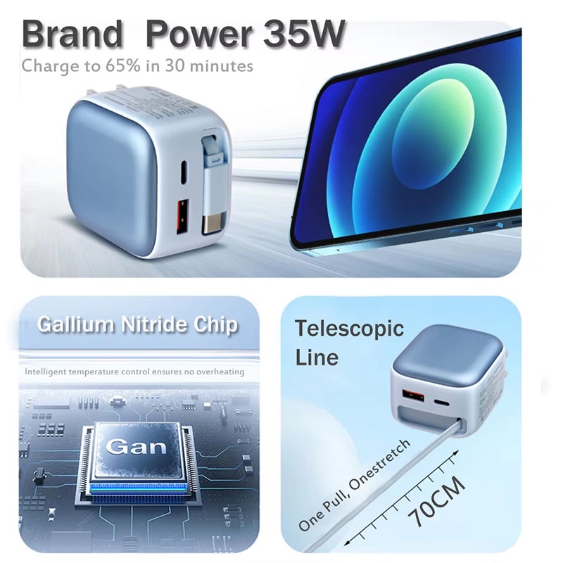 35w Retractable Type C Charger Gan Fast Charging Foldable Plug 3 Port Built In 70cm Cable Pd3.0 Qc3.0 Pps Compact Design Universal Usb Adapter Wq16831758 Widq.com