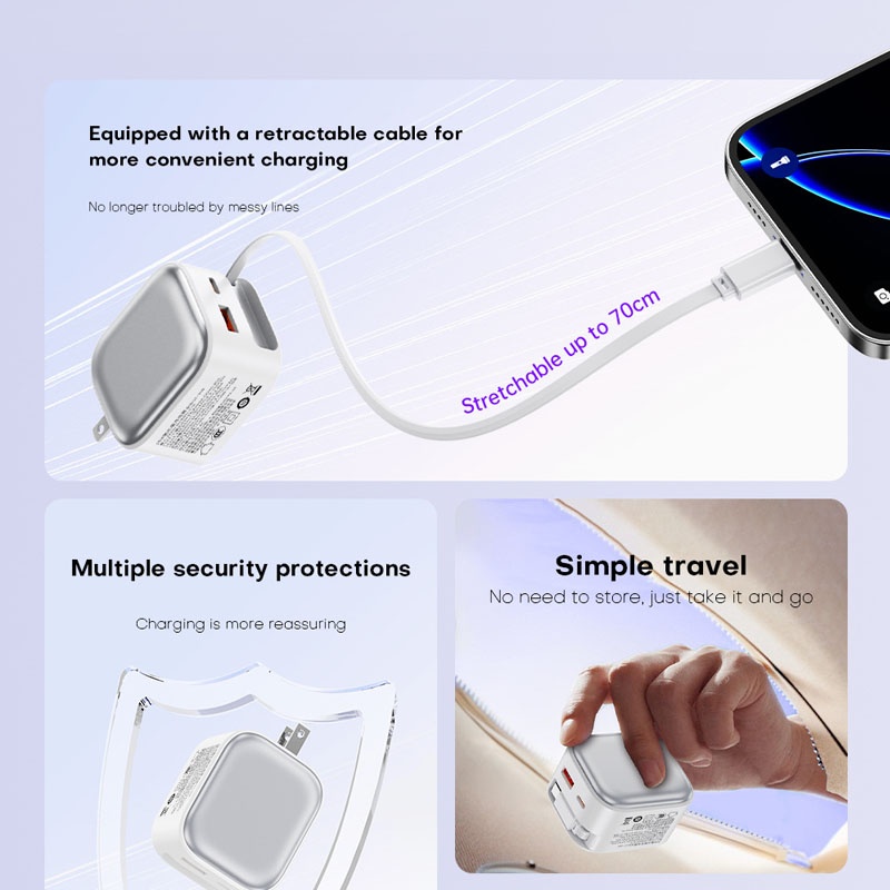 35w Retractable Type C Charger Gan Fast Charging Foldable Plug 3 Port Built In 70cm Cable Pd3.0 Qc3.0 Pps Compact Design Universal Usb Adapter Wq16831758 Widq.com