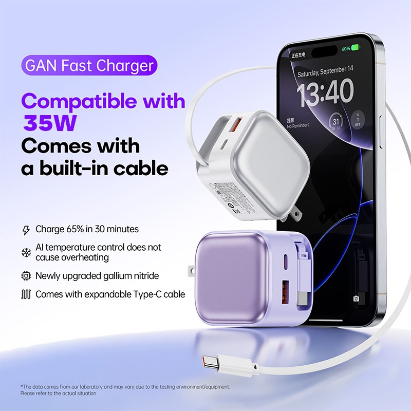 35w Retractable Type C Charger Gan Fast Charging Foldable Plug 3 Port Built In 70cm Cable Pd3.0 Qc3.0 Pps Compact Design Universal Usb Adapter Wq16831758 Widq.com