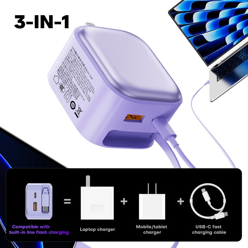 35w Retractable Type C Charger Gan Fast Charging Foldable Plug 3 Port Built In 70cm Cable Pd3.0 Qc3.0 Pps Compact Design Universal Usb Adapter Wq16831758 Widq.com