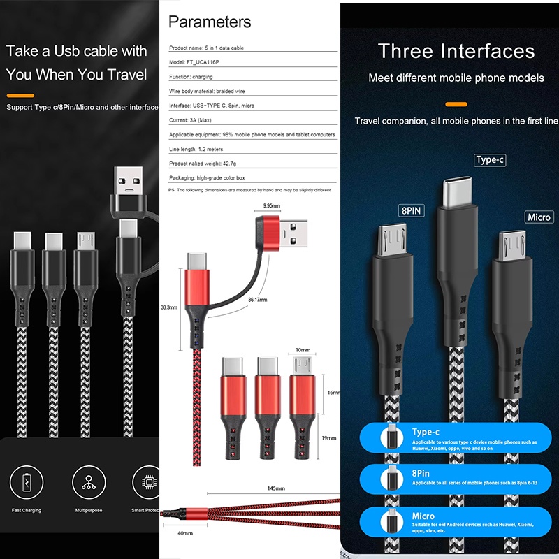 5 In 1 Charging Cable 15w Fast Charge Multi Device Lightning Type C Micro Usb Nylon Braided Durable Travel Cable 1.2m Multi Charger Cord Wq16831773 Widq.com