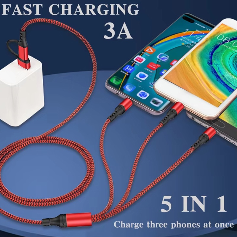 5 In 1 Charging Cable 15w Fast Charge Multi Device Lightning Type C Micro Usb Nylon Braided Durable Travel Cable 1.2m Multi Charger Cord Wq16831773 Widq.com