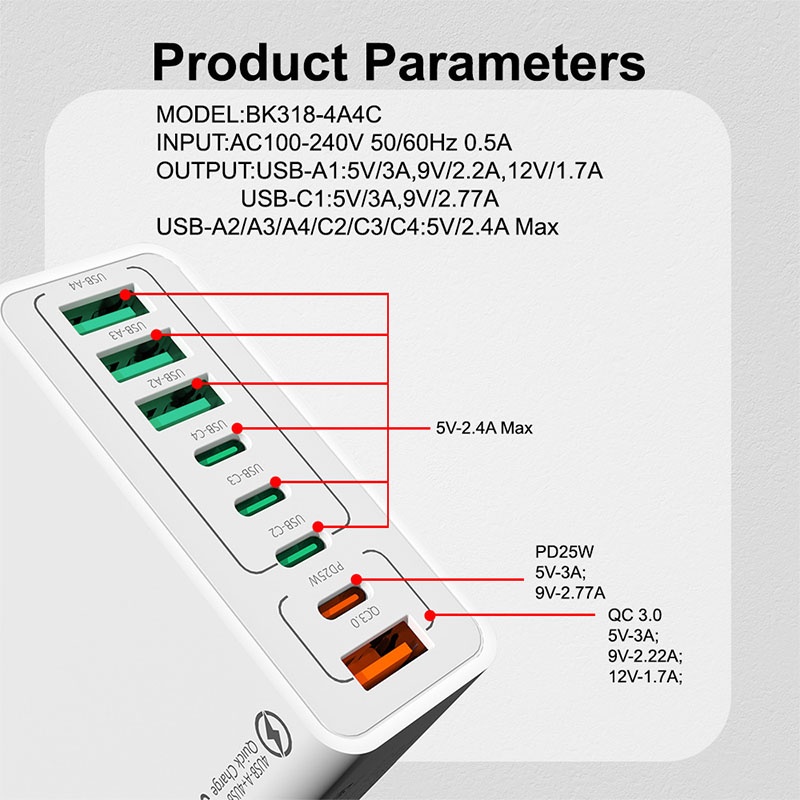 8 Port Usb Charger 4 Usb A+4 Usb C Fast Charging Pd25w Qc18w Compact Fireproof Multi Device Hub 8 In 1 Universal Travel Adapter Wq16831755 Widq.com