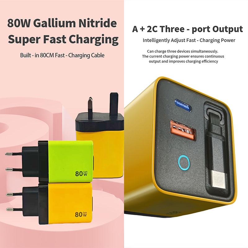 80w Gan Retractable Cable Charger Pd45w Fast Charge Built In 80cm Type C Pd Qc Pps 3 Port Compact Travel Adapter With Charging Light Usb Charger Wq16831757 Widq.com