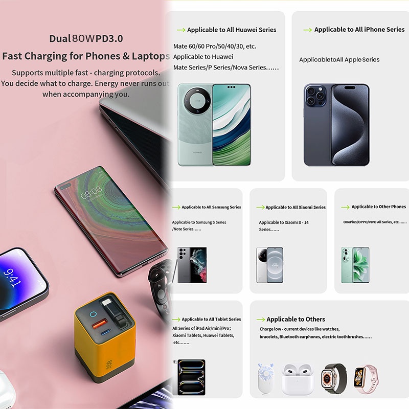 80w Gan Retractable Cable Charger Pd45w Fast Charge Built In 80cm Type C Pd Qc Pps 3 Port Compact Travel Adapter With Charging Light Usb Charger Wq16831757 Widq.com