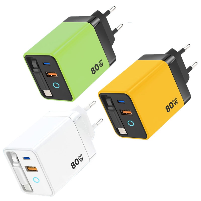 80w Gan Retractable Cable Charger Pd45w Fast Charge Built In 80cm Type C Pd Qc Pps 3 Port Compact Travel Adapter With Charging Light Usb Charger Wq16831757 Widq.com