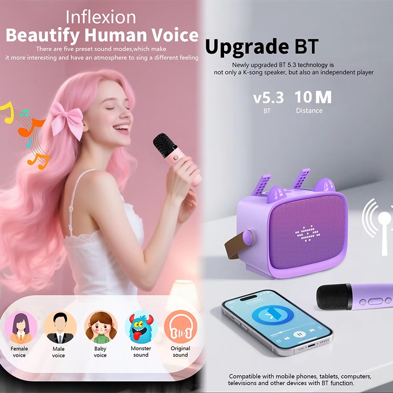 Bluetooth 5.3 Portable Karaoke Machine With Dual Mics Hifi Sound Effects Led Lights Mp3 Wav Tf Aux Playback 800mah Battery 3h 5w Kids Karaoke Speaker Wq16831650 Widq.com