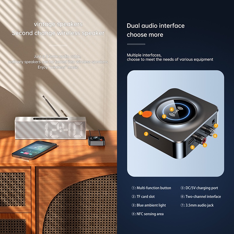 Smart Nfc Bluetooth Receiver One Touch Nfc Pairing Bluetooth 5.1 Tf Card Aux Coax Output Lossless Sound Car Wireless Audio Adapter Wq16831783 Widq.com